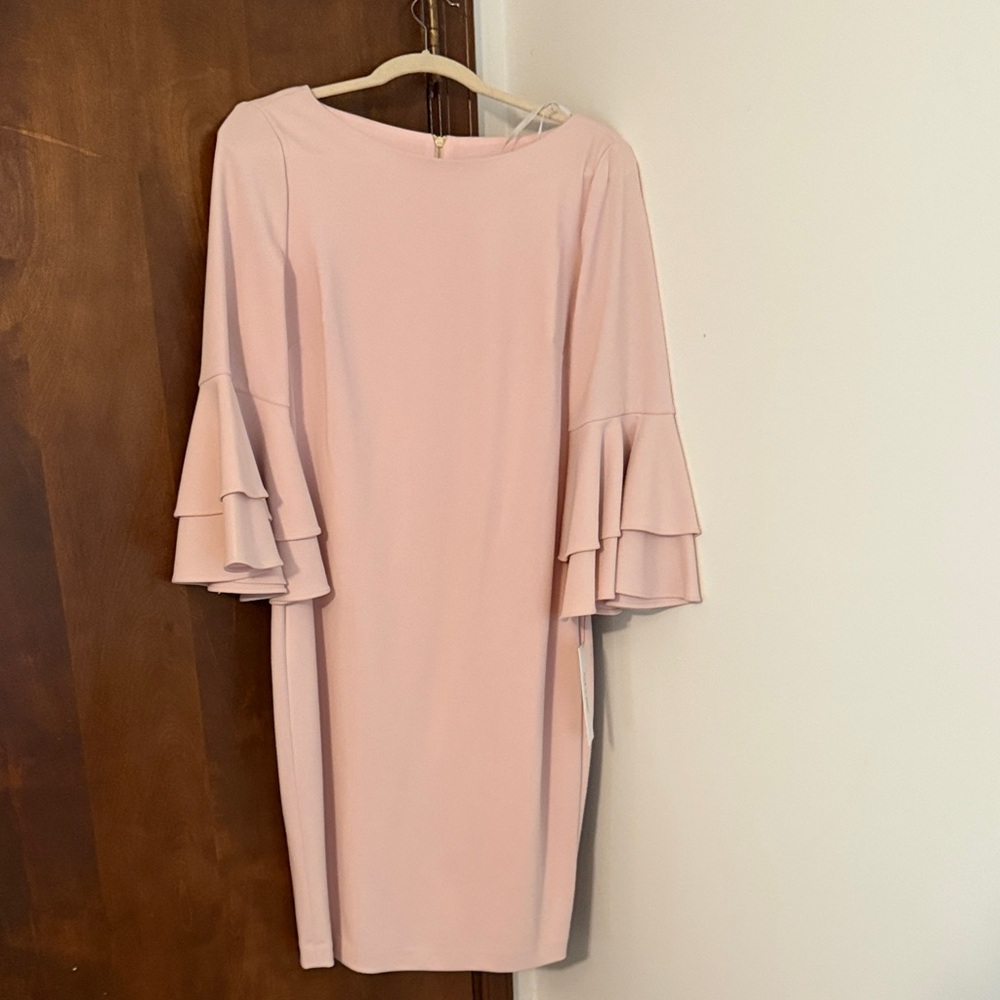Calvin Klein size 12 Elegant Pink Ruffle Sleeve Dress NEW WITH ATTACHED TAGS